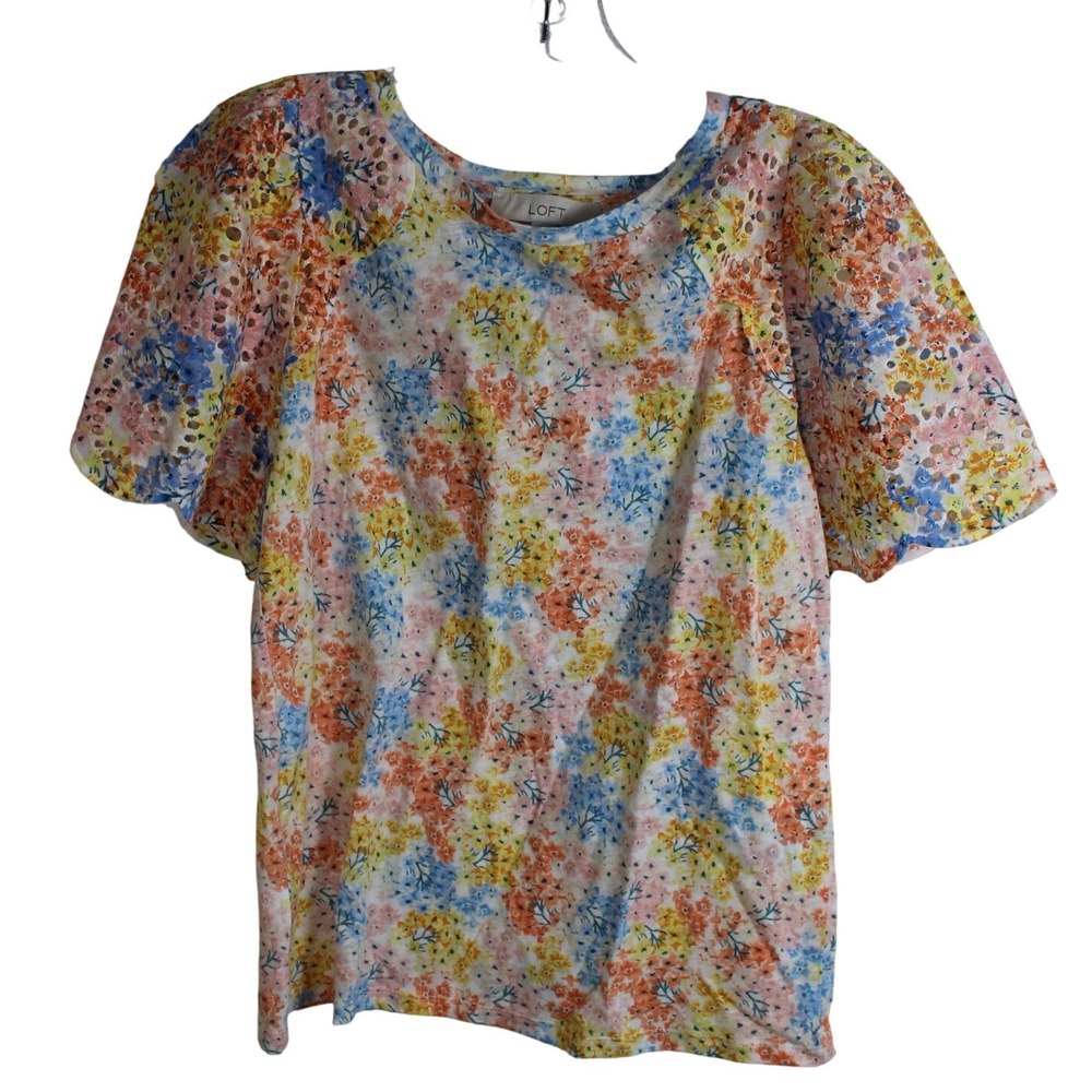 LOFT Women's Floral Eyelet Sleeve Top XS‎ Short Sleeve Casual Garden Party